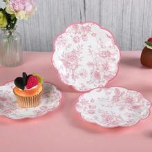Pink Floral Party Plates Vintage Floral Leaf Disposable Paper Plates Wildflower Pink Toile 7inch Scalloped Rim Dessert Plates For Valentines Birthday Bridal Tea Party Supplies (24),PinkFloral - 粉紅花香 - 查看 6