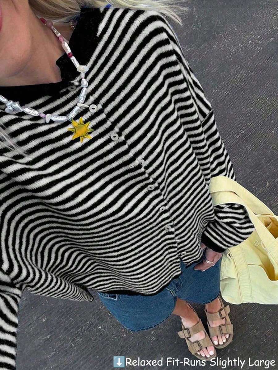 Vivid Style 秋冬新款女装时尚街头宽松条纹针织开衫毛衣外套，街头风，机场，圣诞节，圣诞毛衣，新年黑色度假风 - 黑色 - 查看 1