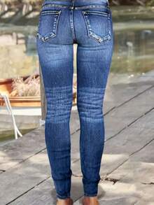 Womens Casual Ripped Denim Skinny Jeans Long With Buttons And Pockets Medium Stretch Fabric - 深色水洗藍 - 查看 3