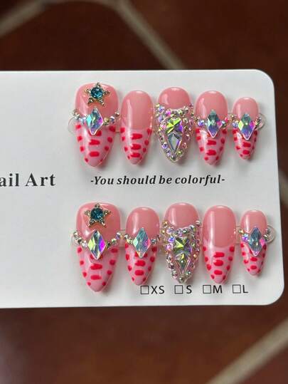 10pcs High-End Y2K Hot Girl Style, Hand-Painted Three-Dimensional Square Diamonds, Stars, All Diamonds Shining Brightly Handmade French Tip Nails, Nail Patches Suitable For Sisters' Afternoon Tea Dates, Spring Outings, Picnics And Camping, And Festival Events