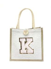 Sac fourre-tout avec motif de lettre brodé, sac fourre-tout en lin imprimé, petit sac fourre-tout en lin avec décoration de bouton floral, sac fourre-tout minimaliste grande capacité, sac de rangement casual portable, sac de courses multifonctionnel, nouveau design, grande capacité, convient pour le shopping - Multicolore - Voir 10