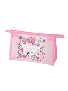 Mesh Cosmetic Bag With Face Mask Pattern And "Skincare" Text, Multi-Functional Makeup Bag For Storing Hair Clips, Headbands Etc., Red Cushion Portable Storage Pouch, Cosmetic Bag, Skincare Pouch - Multicolor - View 14