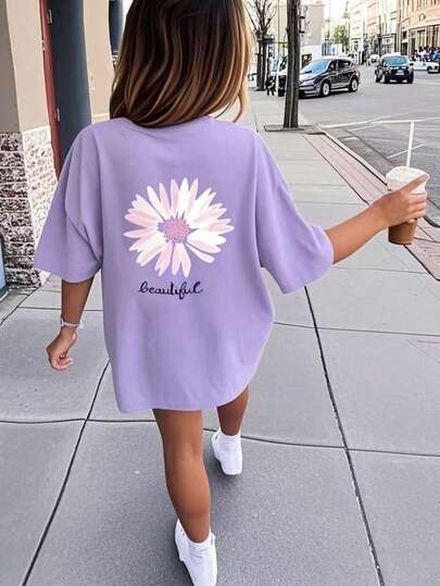 Tween Girls Floral Print Round Neck T-Shirt, Summer Top