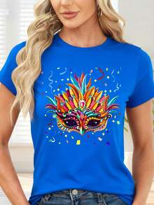 Camiseta de  con Estampado de Máscara de Carnaval Colorida y Confeti para Fiestas y Eventos Temáticos - Azul - Ver 1