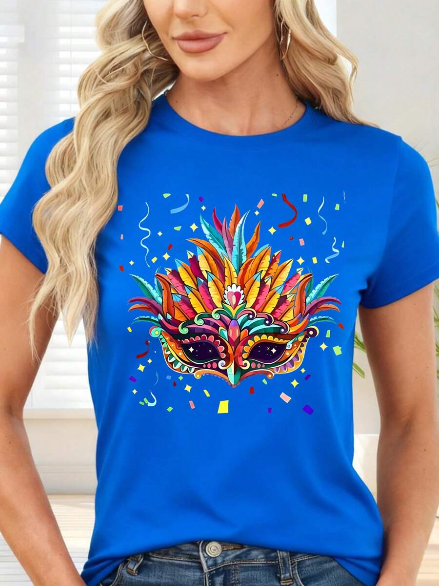 Camiseta de con Estampado de Máscara de Carnaval Colorida y Confeti para Fiestas y Eventos Temáticos - Azul - Ver 1
