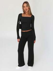 Womens Long Sleeve Shirts Square Neck Going Out Crop Tops Fashion Y2k Workout Clothes Fall Outfits 2025 - 咖啡灰 - 查看 10