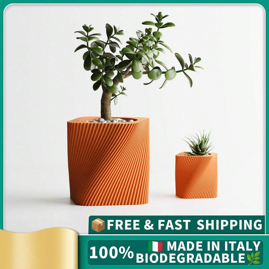 ORIZZONTE Modern Square Decorative Vase With Slanted Spiral Texture – Geometric Design For Succulents And Small Indoor Plants – Home/Office Gift Idea – Available In 2 Sizes – 100% Made In Italy, Shipping From Italy - 橘色 - 查看 1