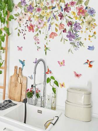 1pc - Removable PVC Wall Sticker - [Pink Rose Bushes, Lotus, Vase] Self-Adhesive Waterproof Wall Decal, Suitable For Home Decor, Room Decor, Wall Decor And Kitchen - Easy To Apply, Ideal For Living Room, Bedroom Or Office