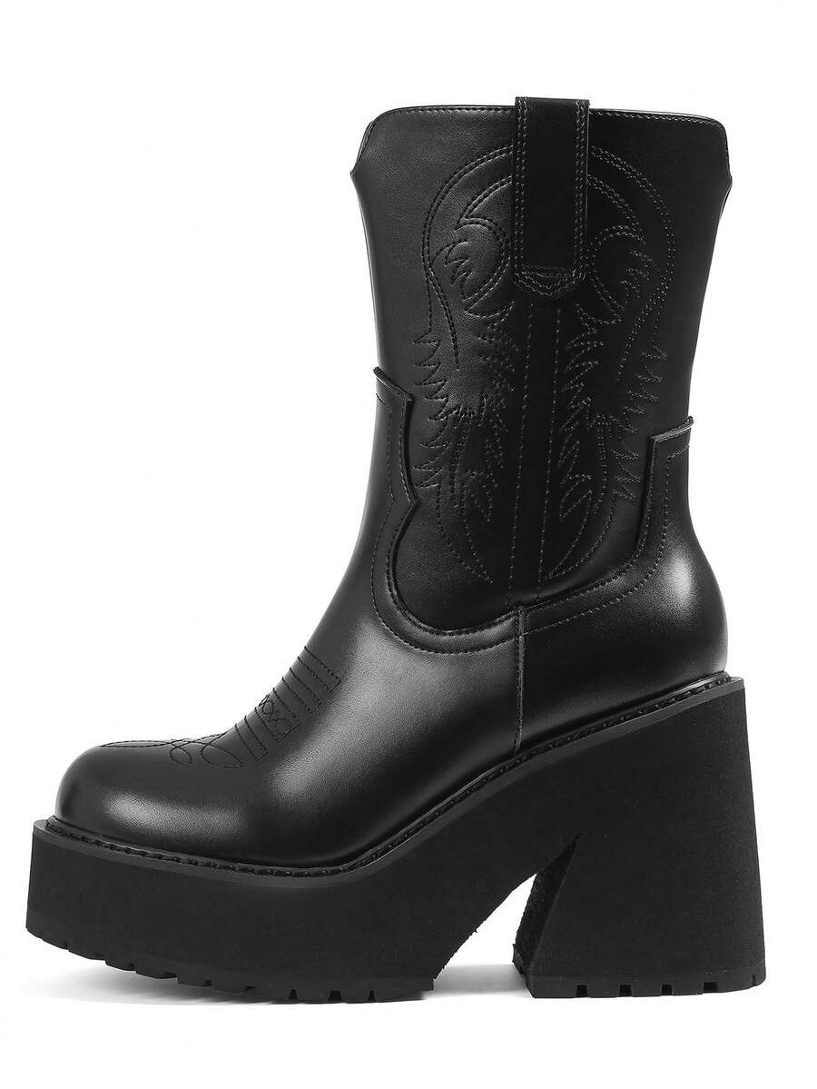 Women Western Cowboy Boots Chunky Wedge Heel Platform Combat Ankl Booties Cowgirl Round Toe Side Zipper Motorcycle Shoes - 黑色 - 查看 1