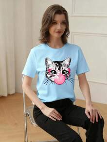 Tween Girl Casual Graphic Print Crew Neck Short Sleeve T-Shirt, Summer Top - Baby Blue - View 2