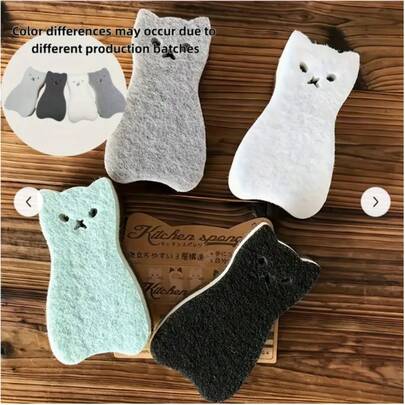 4个可爱猫咪造型厨房海绵 - 多功能强力清洁刷，浅灰色、薄荷绿、黑色和粉色可选 - 三层设计，可用于洗碗和去除污渍 - 厨房必备工具和水槽配件