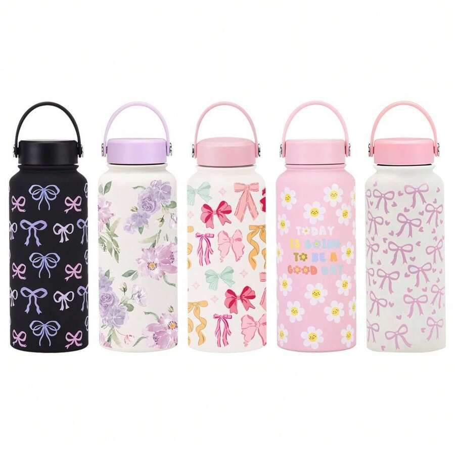 1L Large Capacity Water Bottle Tumbler Stainless Steel Vacuum Cups Portable Tumbler With Bow And Flowers Design - Multicolor - View 1