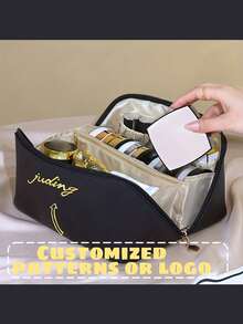 1 pieza Bolsa de maquillaje personalizada con nombre - Organizador de cosméticos de gran capacidad para viajes, cierre con cremallera, bolsa de aseo, unisex, blanco/negro - Regalo ideal para cumpleaños, Día de la Madre, Día de San Valentín, graduación, aniversario, herrajes dorados, estética - Multicolor - Ver 5