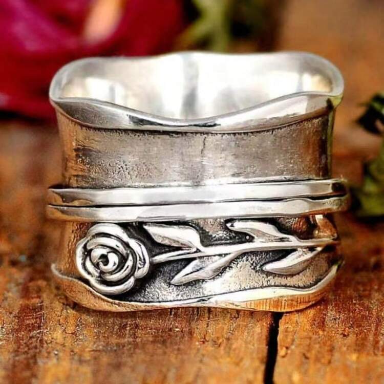 1 pieza Anillo de moda para mujer, anillo decorado con flor personalizada y única, adecuado para el Día de San Valentín, vacaciones, viajes, citas, fiestas, bodas, compromisos, regalo para esposa, novia, madre, cumpleaños, aniversario, Año Nuevo, todas las estaciones - plata antigua - Añade 5