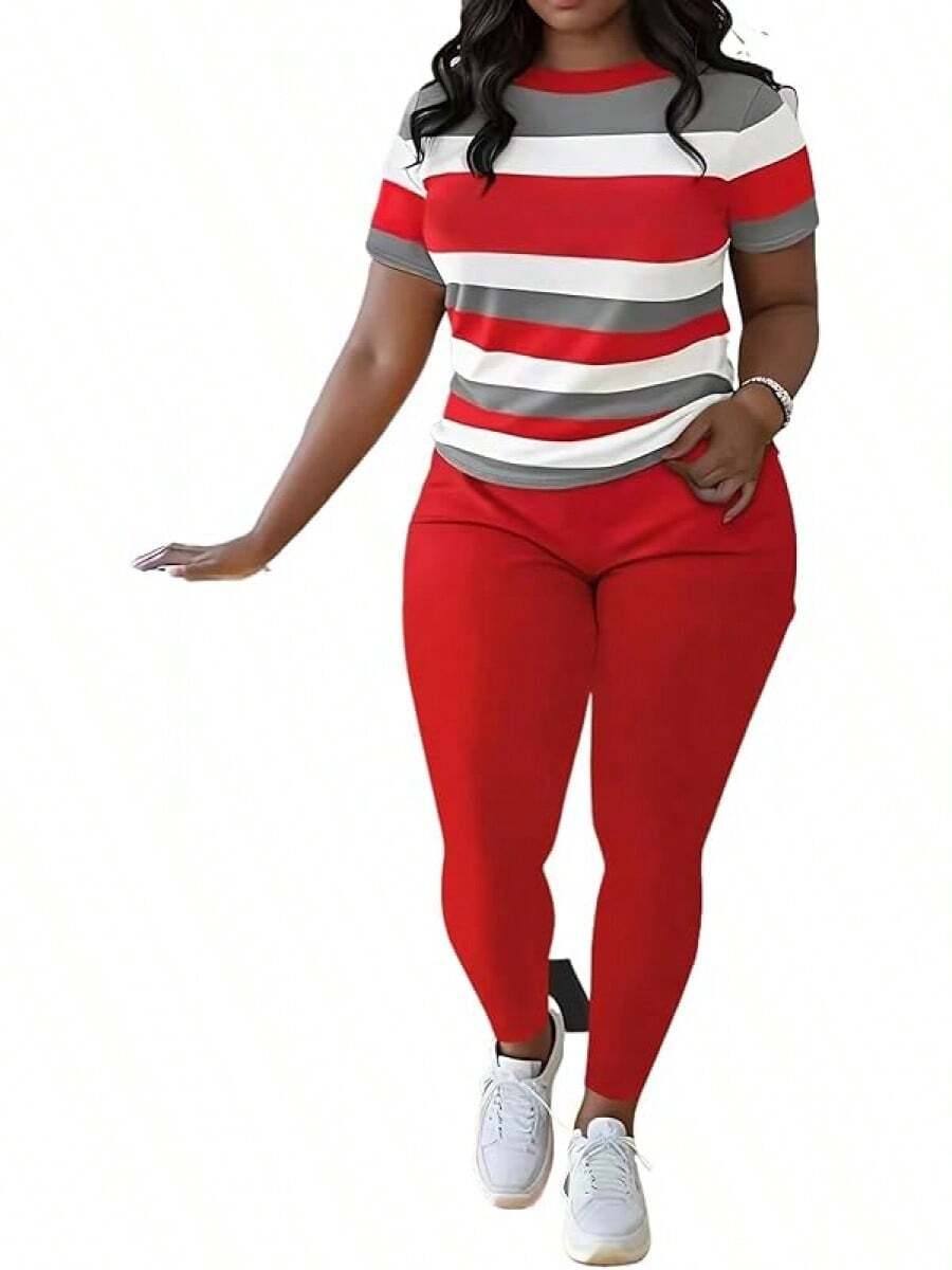 HBQ Women 2 Piece Outfits Summer Sweatsuits Track Suits Biker Short Workout Jogger Sets - 96-紅色 - 查看 1