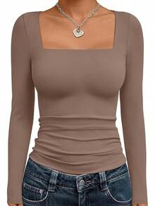 Womens Long Sleeve Shirts Square Neck Going Out Crop Tops Fashion Y2k Workout Clothes Fall Outfits 2025 - 咖啡灰 - 查看 11