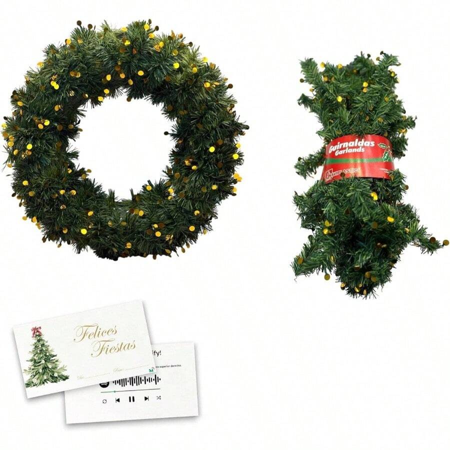 2 Pack Navidea y Guirnalda con Detalles Dorados, Adorno Navidad, Navidea para Puertas, Decoracin Artificial Coronas de Invierno para Exteriores - verde y dorado - Ver 1