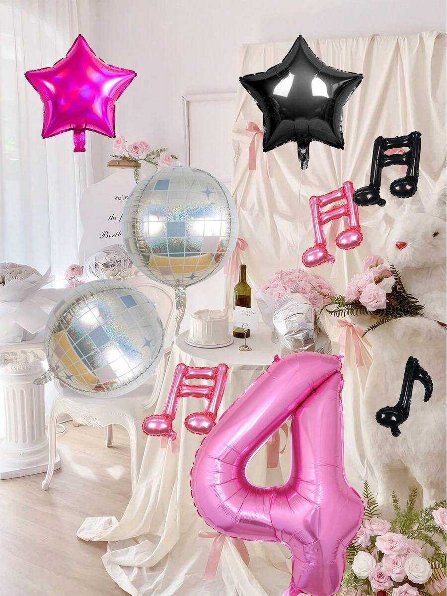 9 Stücke Musik Themen Party Ballon Set, 40 Zoll rosa Nummer & Gitarre & Discokugel & rosa Musiknote & Sternballons, geeignet für Pop Musik Thema, Geburtstags Party, 90er 80er Hip Hop Rock Party, Pop Party, Requisiten Maskenball Dekoration - Verschiedenfarbig - Übersicht 1