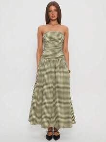 Women Tube Long Dress Ruched Boat Neck Backless Sleeveless Strapless Flowy Dresses - 綠色 - 查看 1