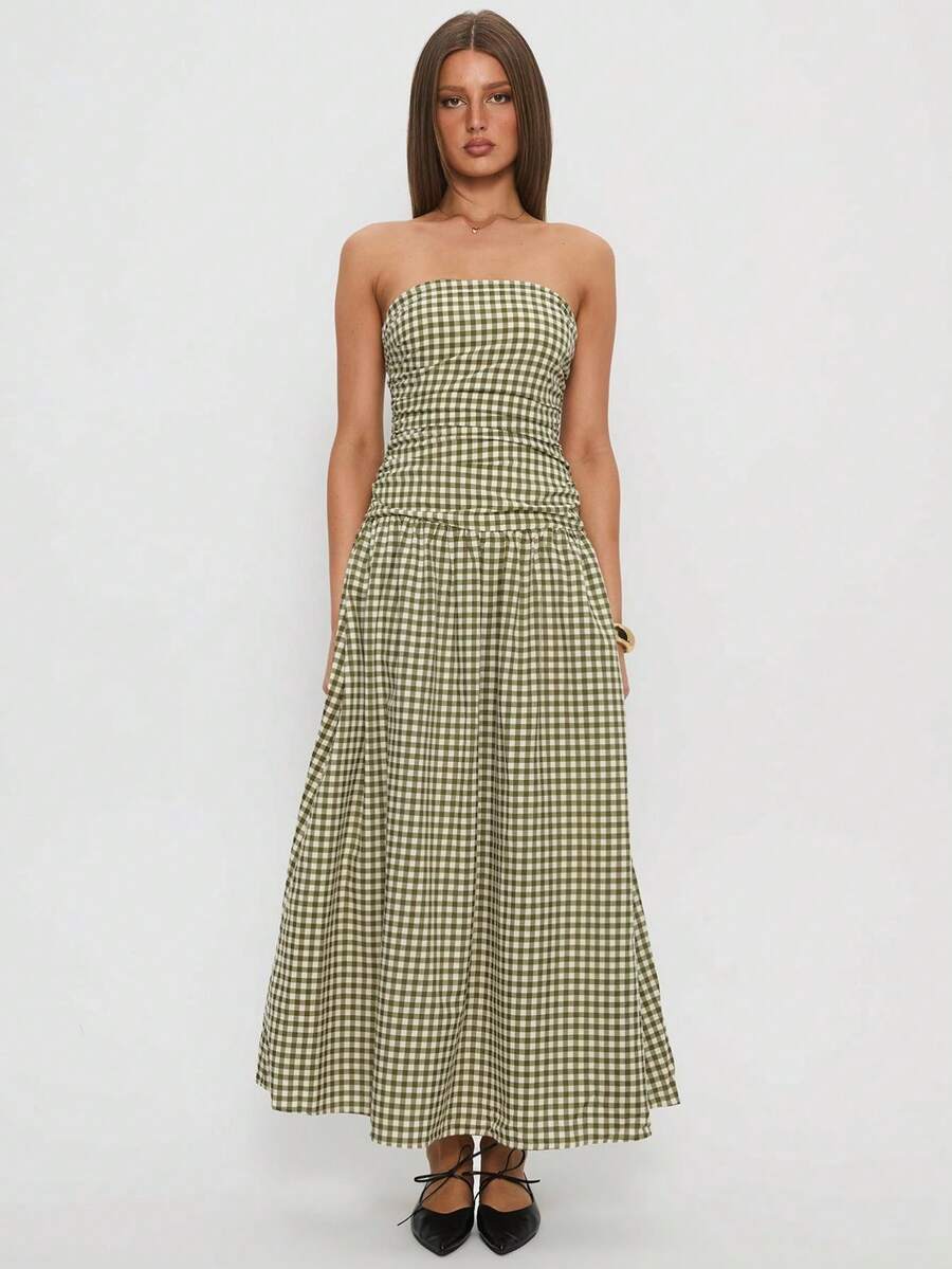 Women Tube Long Dress Ruched Boat Neck Backless Sleeveless Strapless Flowy Dresses - 綠色 - 查看 1