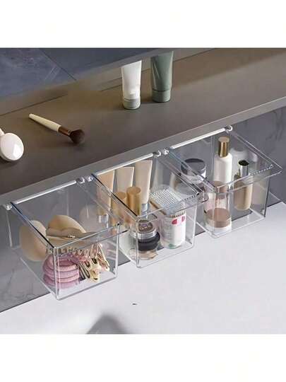 1pc Transparent Pull-Out Storage Box - Heavy Duty Wall-Mounted Bathroom Organizer, Space-Saving Design, Suitable For Vanity, Cosmetics Station - Lipstick, Makeup Brushes, Hair Accessories Holder, Easy Tool-Free Installation, Durable & Stylish, Essential For Busy People