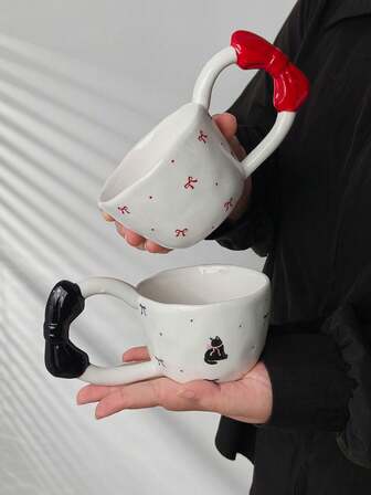 1pc Creative Bow Tie Cat Ceramic Mug, Unique Handle Design, Adorable Style - For Daily Drinking, Niche Home Decor Item, Suitable As Birthday, Galentine's Day Gift For Friends Who Love Unique Designs