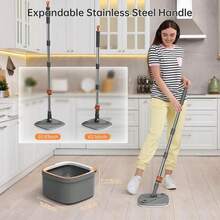 Spin Mop And Bucket Set Zero Dirty Water Cleaning System For Living Bath And Kitchen Room Hard Floor Cabinets Wall Windows Steel Adjustable Rod With Microfiber Mop Head - Xô lau nhà xoay màu xám nhạt + 10 miếng lau - Xem 8