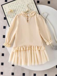 Sweet & Cute 3D Floral Lace & Mesh Long Sleeve Princess Dress - Apricot - View 2