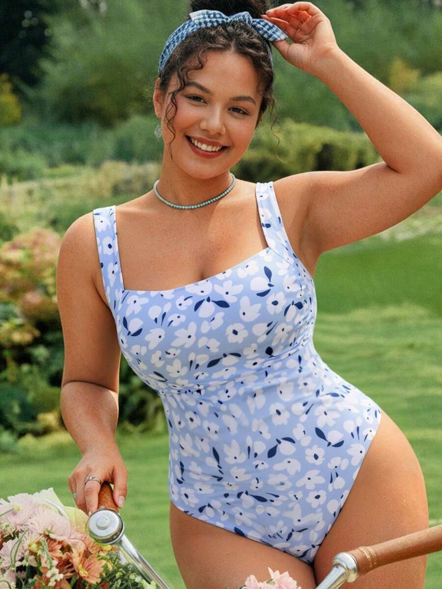 Swim Mod Traje de baño de una pieza con estampado elegante sin mangas para mujer de talla grande, traje de baño de talla grande para verano - Multicolor - Ver 1