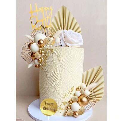 26PCS Golden Cake Topper Set, Bohemian Cake Decoration, Golden White Foam Ball Cake Decoration, Golden Folding Fan, Golden Ginkgo Leaf Cake Decoration, Golden Happy Birthday Acrylic Sign, Suitable For Christening Wedding Birthday Cake Decoration, Retirement Party High-End Light Luxury Cake Decoration Supplies(Do Not Touch The Cake Directly; Please Use It With The Tube.)