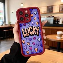 Cubierta de telefono con borde negro y diseño colorido para iPhone 14 Pro Max en tono morado con corazones multicolores y texto LUCKY ideal para uso diario y estilos juveniles Aplicable a los teléfonos de la serie Apple y Galaxy - Café integral - Ver 5