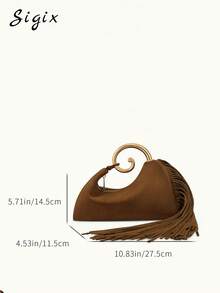 Gold Spiral Asymmetric Metallic Top Handle Bag With Matte Tassel, Fashionable & Versatile Elegant French Style Evening Party Clutch - Brown - View 2