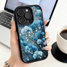 Cubierta de teléfono con borde negro y diseño floral azul claro para iPhone 14 Pro Max protector de pantalla con flores y ramas estilizadas ideal para uso diario en oficina o hogar - Café integral - Ver 1
