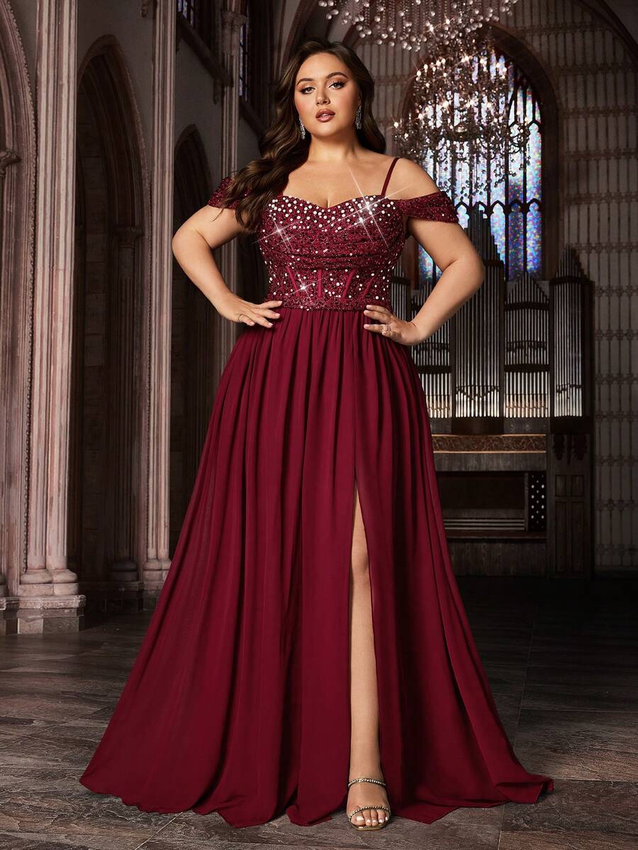 Plus Size Women Chiffon Formal Evening Gown, Sequin & Beaded Decor, Solid Color Spaghetti Strap Maxi Dress - Burgundy - View 1