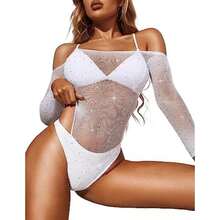 Mujeres Lencería Body de rejilla con brillo y malla Lencería de peluche(Blanco Talla Única) - Multicolor - Ver 3