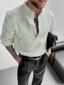 GloMan 男士亚麻混纺半拉链衬衫，轻盈透气长袖休闲宽松度假衬衫，适合假日、派对、办公穿着，独特的男士休闲礼物，蓝色 - 綠色 - 查看 6