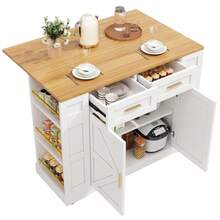 Modern Kitchen Island, Kitchen Cabinet, Sideboard, Dining Trolley With Wood Grain, Sideboard, Multifunctional Dining Table With Storage Space, Dining Trolley With Extendable Function Cabinets, White - White + MDF - View 8