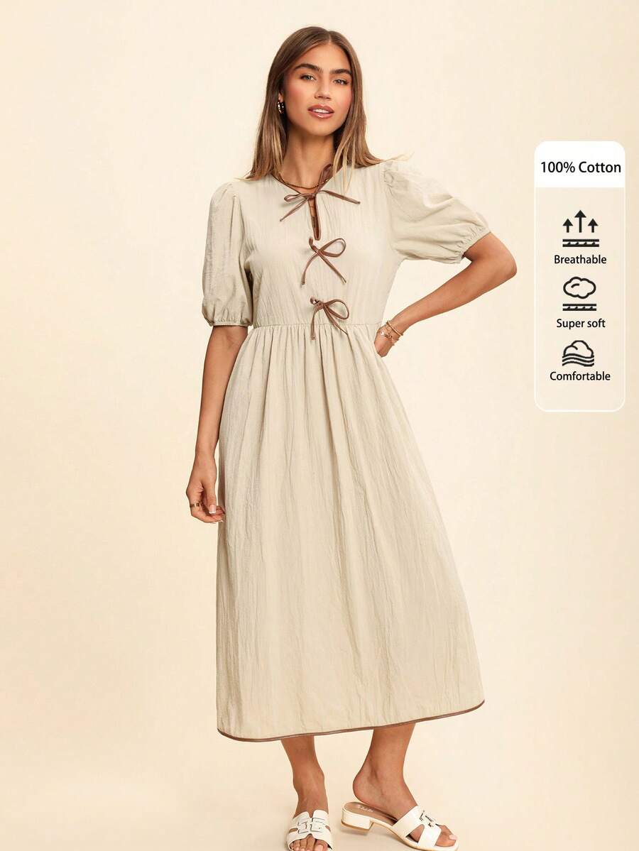 Coeurva Vestido midi formal elegante de verano para mujer, ajustado al Body, que afina la cintura, con decoración de lazo - Albaricoque - Ver 1