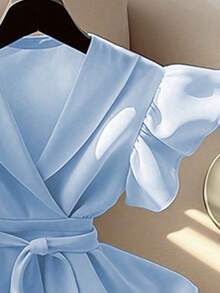V-Neck Solid Color Ruffle Sleeve Cinched Waist Wrap Top With Tie Waist - Blue - View 5
