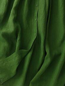 女士春秋季亚麻绿色七分袖睡袍，艺术复古风宽松休闲长款睡袍 - 淺綠色 - 查看 5