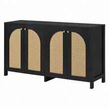 Modern Minimalist Style Sideboard With 4 Rattan Doors, Metal Handle, Simple Buffet Cabinet For Dining Room, Living Room, Kitchen (Natural Wood) - 黑色+中密度纖維板 - 查看 11