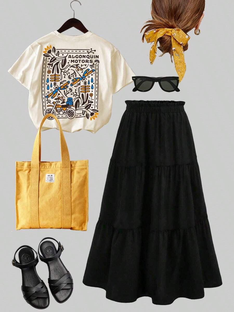 13-16 Years Old Girls Teenager Letter Print T-Shirt & Multi-Layer Patchwork Long Skirt, Black - Apricot - View 1