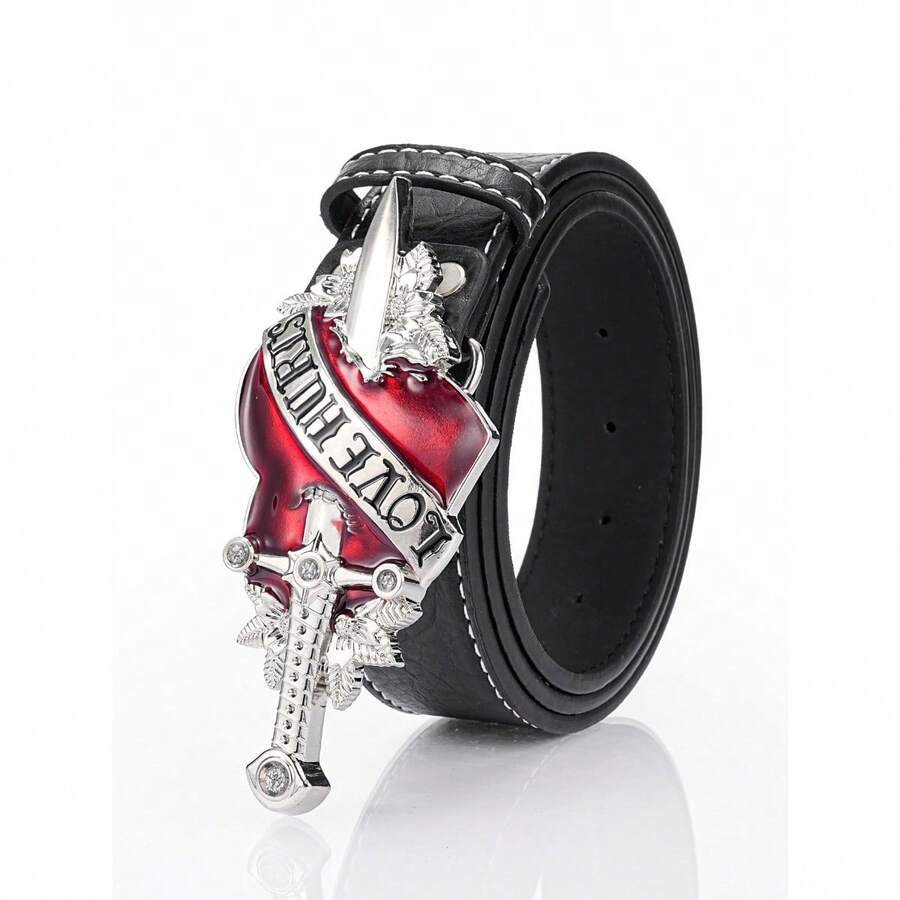 1pc Sword Through Heart Shape Buckle Waist Belt, Western Style For Men And Women Summer, School Casual, Business, Boyfriend Husband Father Dad Men Gift, Daily Wear, Fashion, Teen, Outdoor, Vacation, Athletic, Travel, Street, Boho, Vintage Fall, Autumn, Halloween Autumn-Winter Accessories,Suitable For Teens, Youth,Men,Casual, Outdoor, Athletic, Vacation, Graduation Gifts, Birthday, Daily Wear - màu đen - Xem 1