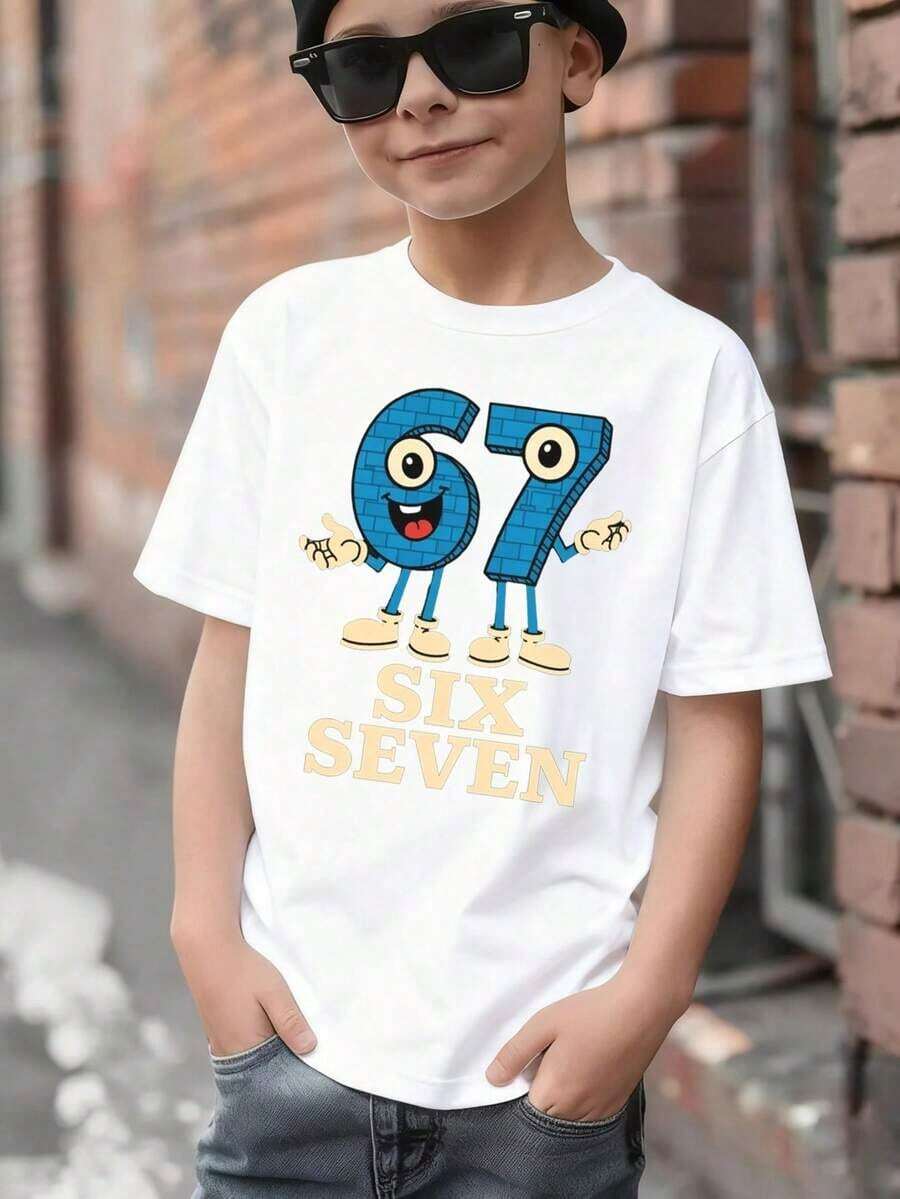 Young Boy's 67 Funny Six Seven Meme Alpha Slang Funny Italian Brainrot Graphic T-Shirt - 100% Regular Fit Crew Neck Short Sleeve With On Hand Gesture & 67 Number Design - Everyday Summer Outfits, Parties & Social Gatherings - Funny Meme Apparel Young Boys T-Shirts,Christmas, Thanksgiving, Children's Pure Cotton Tops, 67 Shirt - 白色 - 查看 1