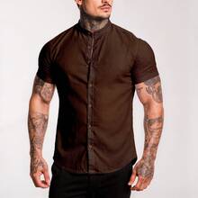 Men's Linen Mandarin Collar Shirt - Rust Brown - View 3