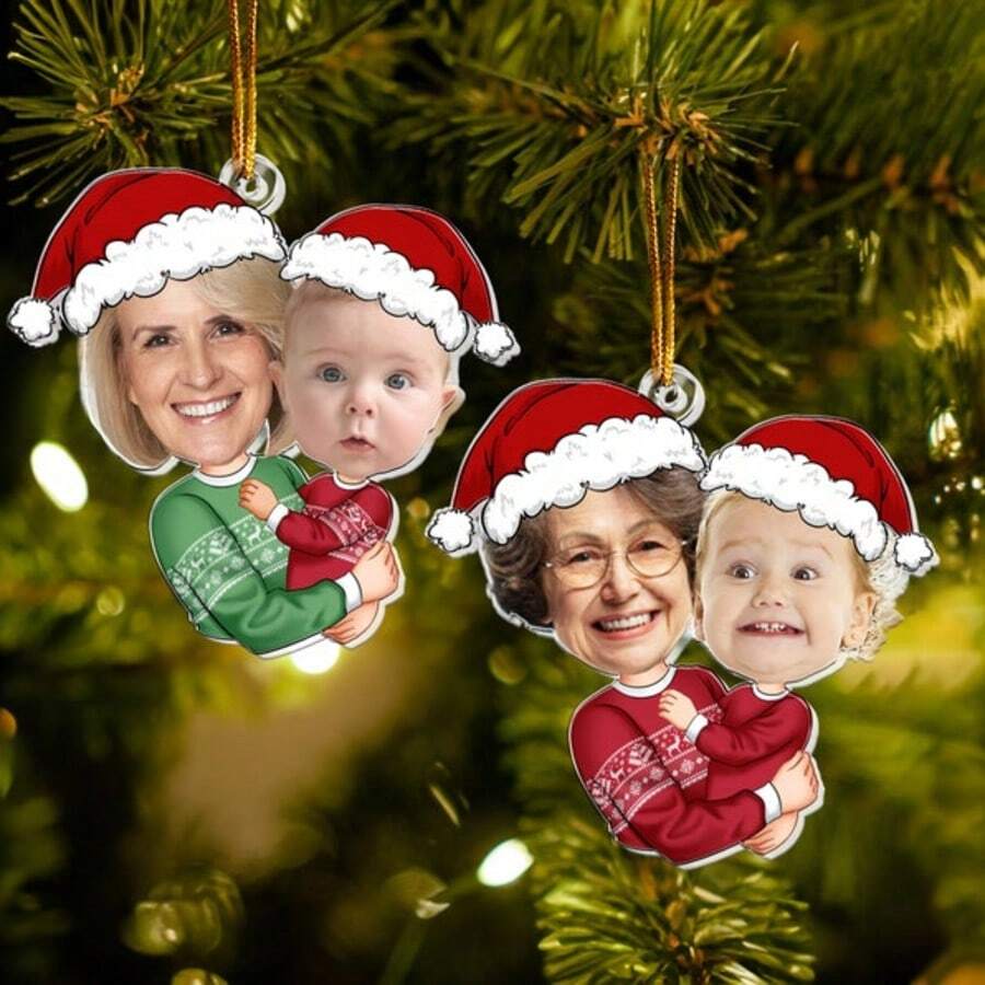 个性化奶奶照片挂饰，圣诞挂饰，可定制趣味表情，奶奶和孙子，送给奶奶、外婆、妈妈的礼物