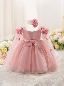 Baby Girls Thick Strap 3D Flower Mesh Cute Party Dress, Headband Not Included - Dusty Pink - View 5