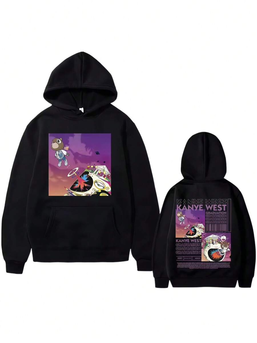 Kanyes Wests Graduation Bear Double Sided Printed Hoodie Men Women Fashion Hip Hop Cool Sweatshirts Unisex Fleece Cotton Hoodies (2) - Black - View 1