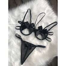 Women's Set Satin Ribbon Sexy Panties Thong Bra Bow Lingerie SexShop Intimate Fashion Fantasy - Black - View 7