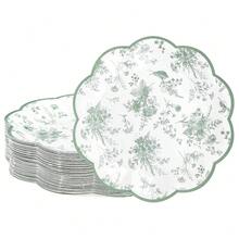 Sage Green Floral Leaf Disposable Paper Plates - Wildflower Green Toile 7inch Scalloped Rim Dessert Plates For Christmas, Birthday, Bridal & Tea Parties (48),SageGreen - 鼠尾草綠 - 查看 9